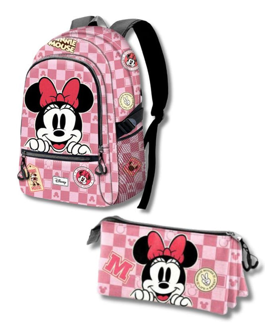 Pack Mochila + Estuche Minnie Mouse – Rosa Cuadros Disney