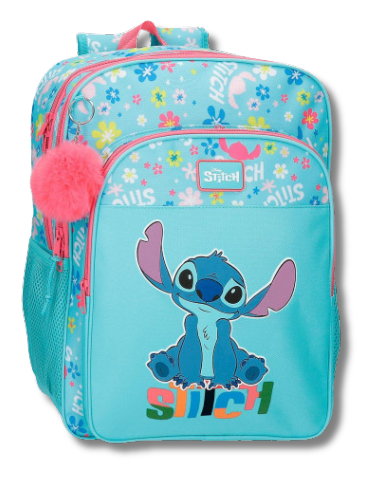 Mochila Escolar Stitch Azul con Pompón Rosa – 40x30x13 cm